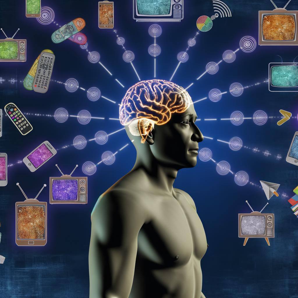 An image of a person surrounded by various forms of media, such as TV screens, smartphones, and books, with neural pathways lighting up in the brain-1